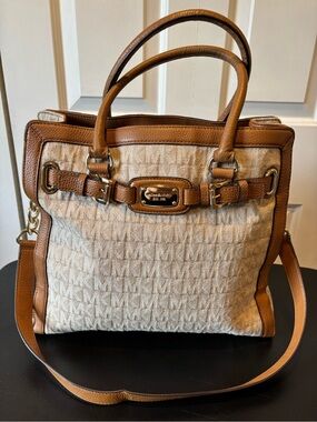 Michael Kors Hamilton Large Satchel MK Signature Vanilla Acorn Brown Leather